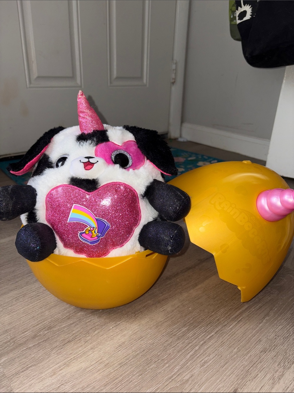 Zuru RainBocorns- Unicorn Cow Plush with Sparkle Heart - Pink, Black & White